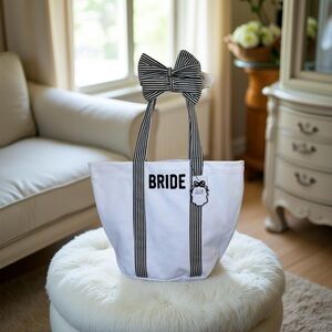 Bride tote with black and white stripes and bows.